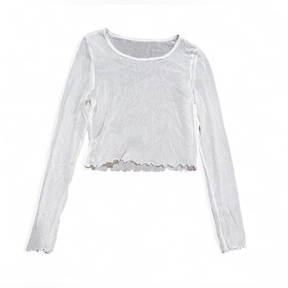 Tops - Women’s Sheer Layering Ruffled Feminine Cropped White Long Sleeve Top